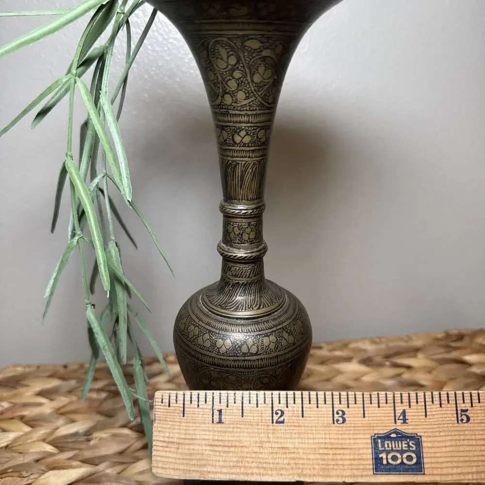 VTG Hand Etched Aged Brass Vase 10” Tall Engraved Indian Middle Eastern Decor